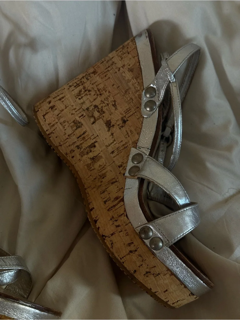 Silver Metallic Cork Wedge Sandals with Ankle Strap